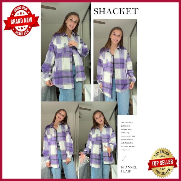 Women's Plaid Shacket Jacket Long Sleeve Button Down Flannel Polyester - Picture 6 of 8